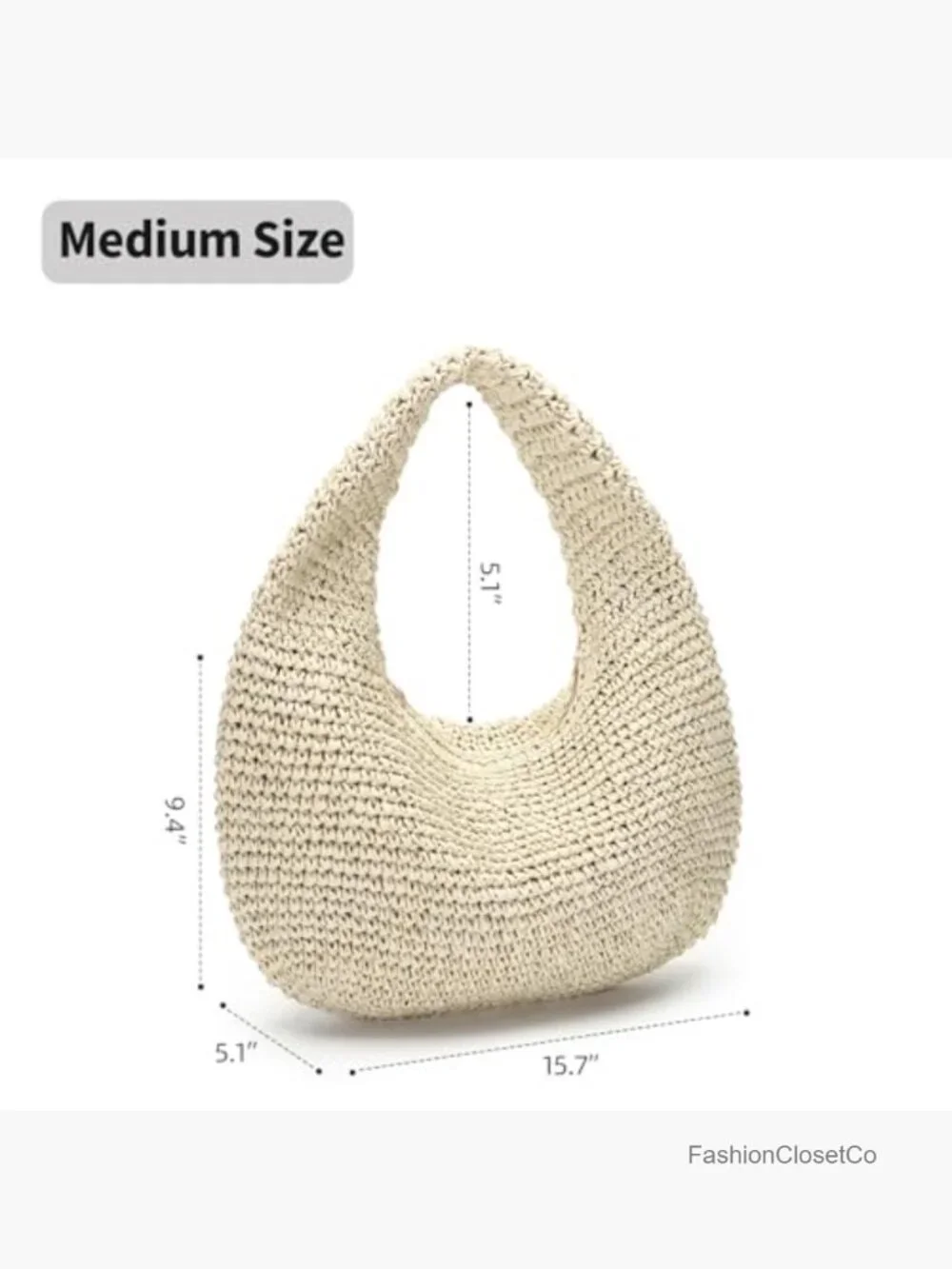 Handwoven Crescent Straw Hobo Bag with Top Zip - Picture 5 of 7